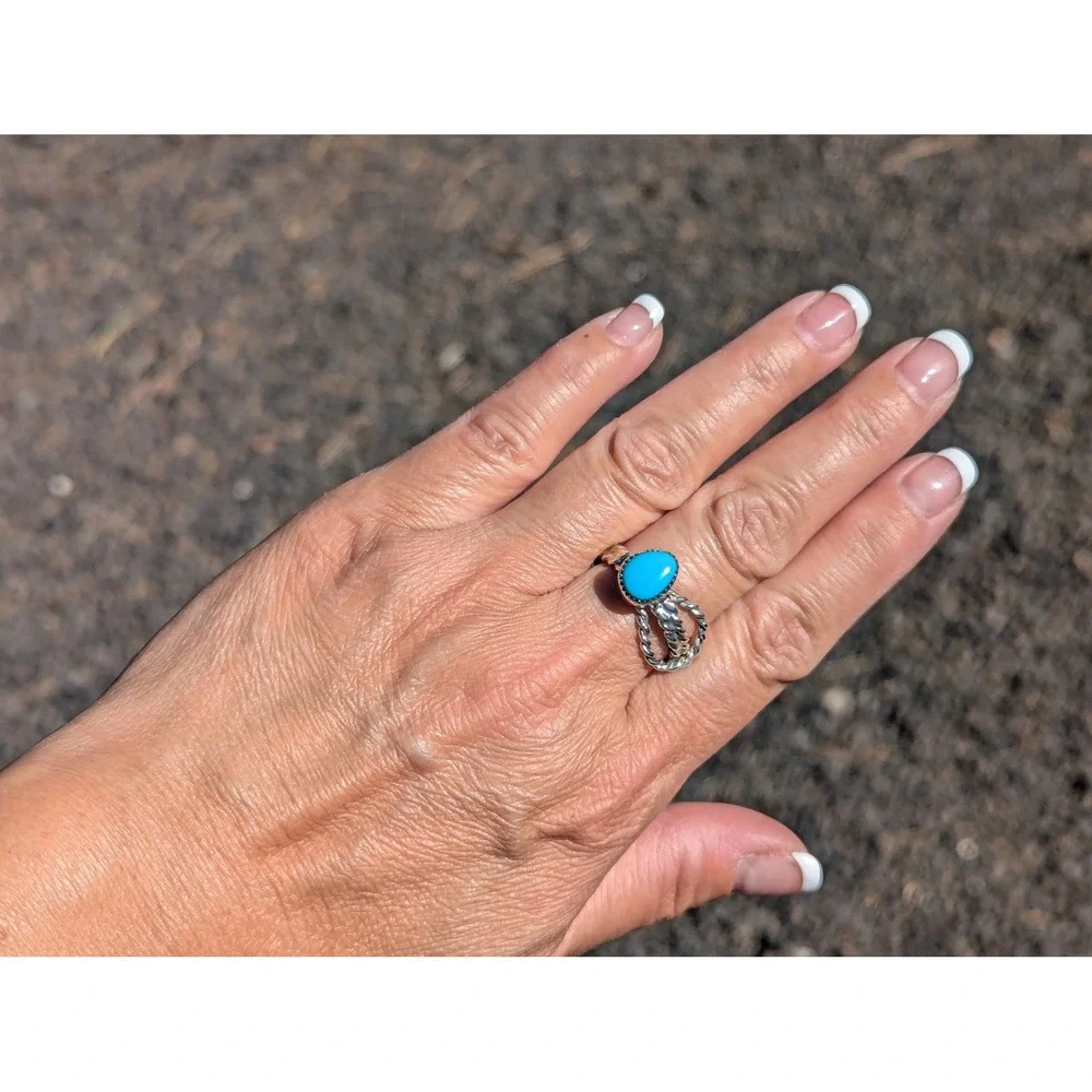 Navajo Turquoise‎ Rope Lasso Sterling Silver Ring Native Am Jewelry Sz 8US**